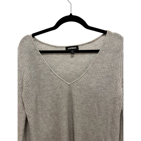 Express Womens Light Gray V-Neck Knit Sweater Long Sleeve Lightweight Casual L - Picture 2 of 5